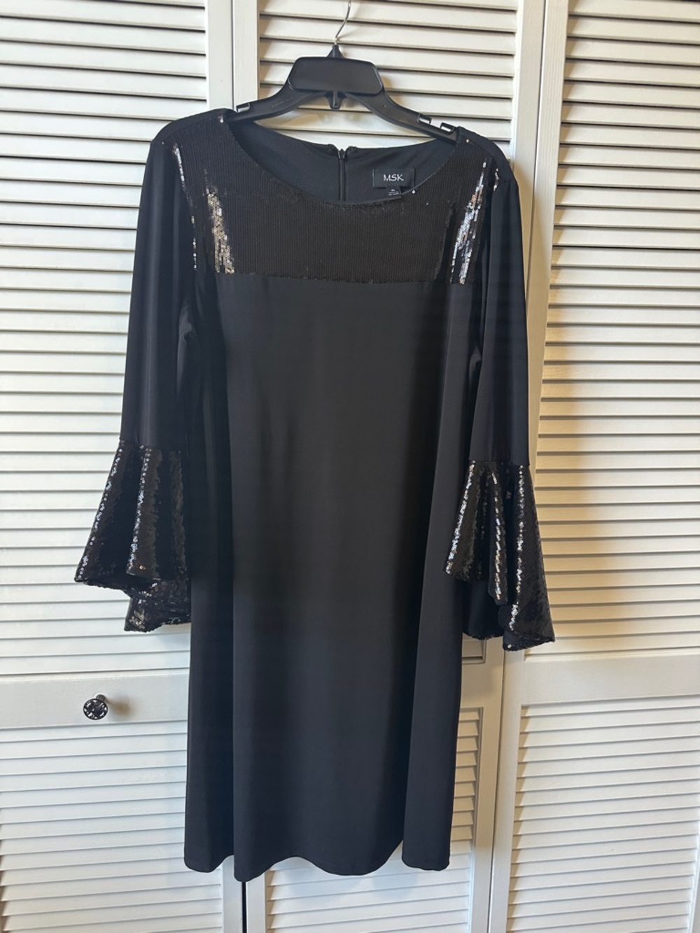 MSK Black Shift Dress with Sequin Yoke and Bell Sleeves